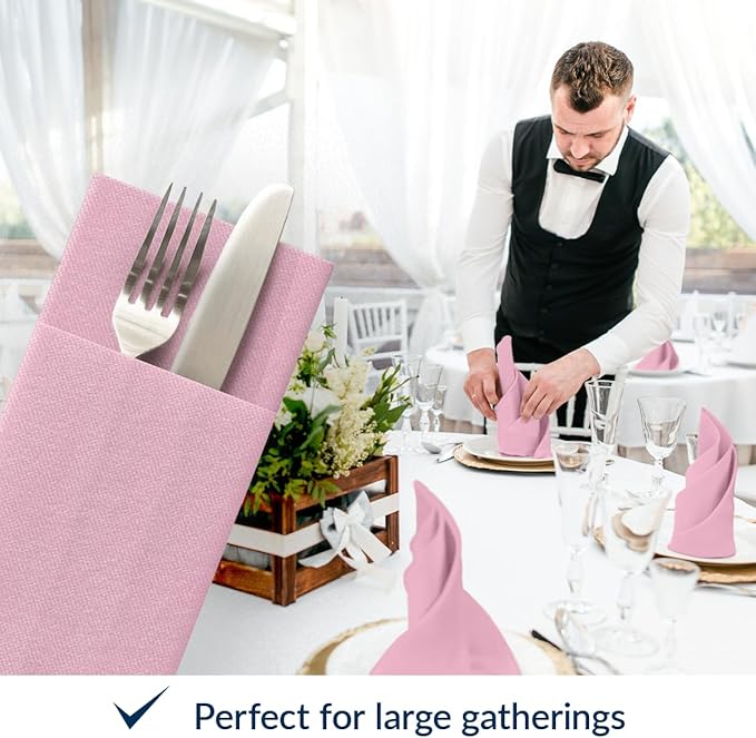 PAW - Baby Pink Linen Feel Napkins with Built-in Flatware Pocket, Airlaid Paper Pre-Folded Napkins for Silverware, Baby Shower, Gender Reveal, Wedding Party, Birthday, Monocolor, 50 Count
