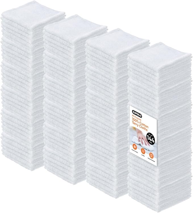 Superio Terry Cloth Rags White Washcloths 100% Cotton 12" Cleaning Cloths, Kitchen Towels, Facial Washcloth, Spa Cloths, Hand Towel, Small Lint Free Rags for Multi-Purposes, 144 Pack
