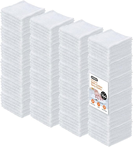 Superio Terry Cloth Rags White Washcloths 100% Cotton 12" Cleaning Cloths, Kitchen Towels, Facial Washcloth, Spa Cloths, Hand Towel, Small Lint Free Rags for Multi-Purposes, 144 Pack
