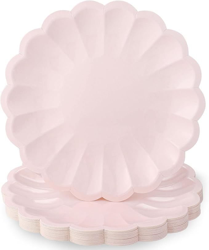 NatNarr 30 Pcs Pink Paper Plates 9.5 In Light Pink Plates Disposable Heavy Duty(350gms) Fancy Plate Scalloped Party Plate with Shell Edge for Wedding Birthday Bridal Shower Girl Baby Shower
