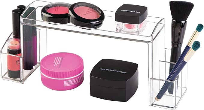 mDesign Small 2-Tier Plastic High-Rise Bathroom Cabinet Organizer - Vitamin Bottle, Medicine, Makeup Storage Shelf for Sink, Counter, and Vanity - Perfect for Hair Product Organization - 2 Pack, Clear