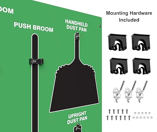 Clean & Sweep 5S Shadow Board/Wall Mount Broom Holder, 68" x 30" Board, 5S Cleaning Station - with Broom and Dustpan Set Included, Made in The USA by AccuformNMC, Green/Black, PSB616GNBK