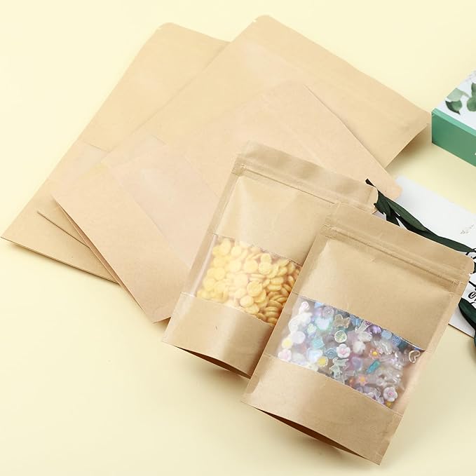 150 Kraft Mylar Bags for Food Storage 6X9 Mylar Bags with Window Candy Packaging Resealable Bags Reclosable Small Stand Up Pouches Edible Packaging, Kraft Paper Bags for Small Business