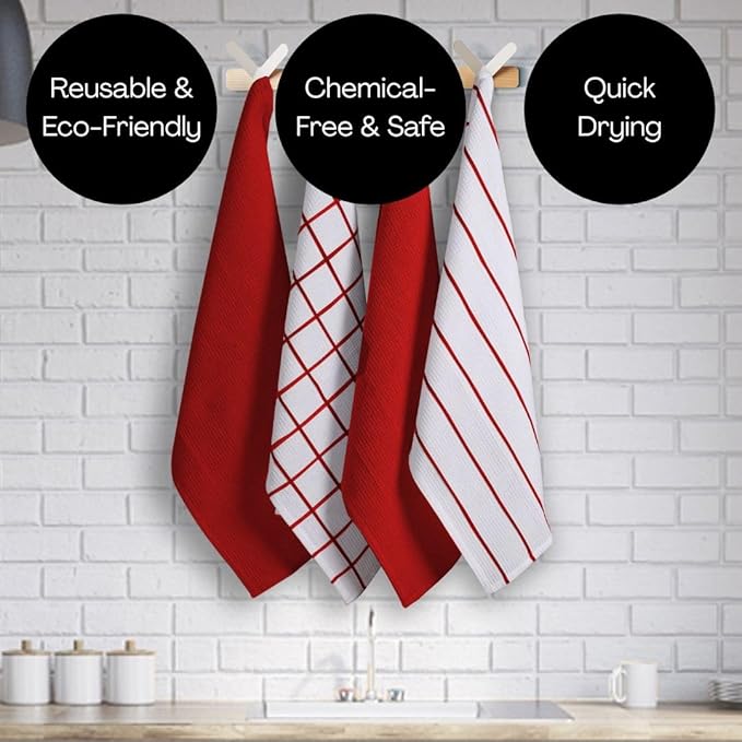 Assorted Waffle Kitchen Dish Towels Cotton Set of 6, Soft Absorbent Quick Drying Table and Kitchen Linen, Tea Towels and Cleaning Towels with Hanging Loop, Dish Towels 15x25 Red