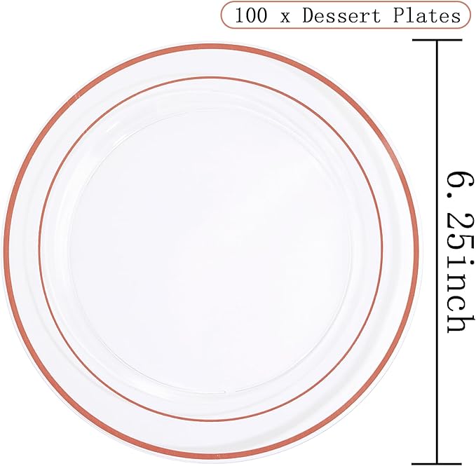 bUCLA 100PCS Clear Rose Gold Plastic Plates Disposable - Heavy Duty 6.25 Inch Clear Plastic Dessert Plates with Rose Gold Trim - Ideal for Party & Wedding