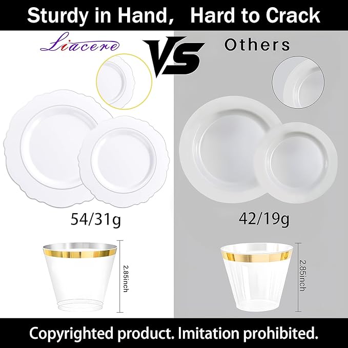 Liacere 350PCS Silver Plastic Plates-Disposable White and Silver Plates 50guest Baroque Plastic Dinnerware Set include 100Plates, 50Pack Pre Rolled Napkins with Silverware 50Cups Perfect for Wedding