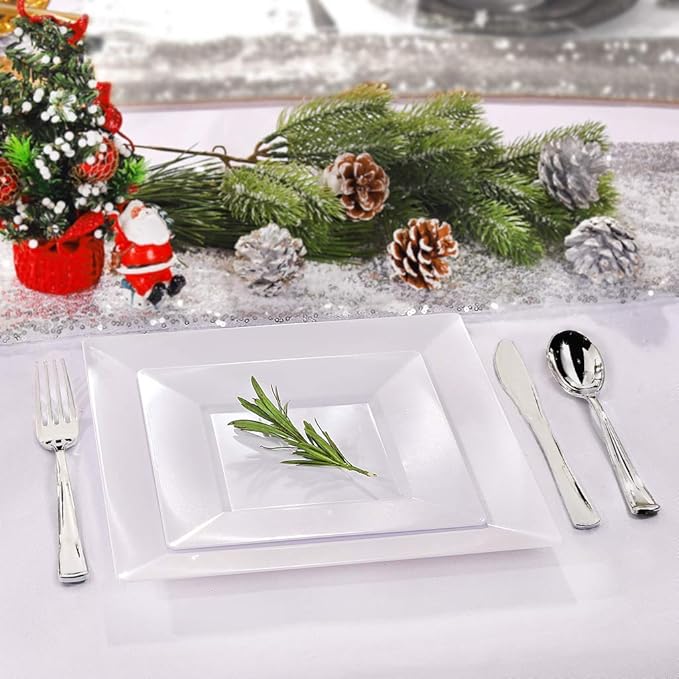 bUCLA 60Pieces White Plastic Plates - 9.5inch White Square Plates- Premium Hard Plastic Dinner Disposable for Weddings& Parties