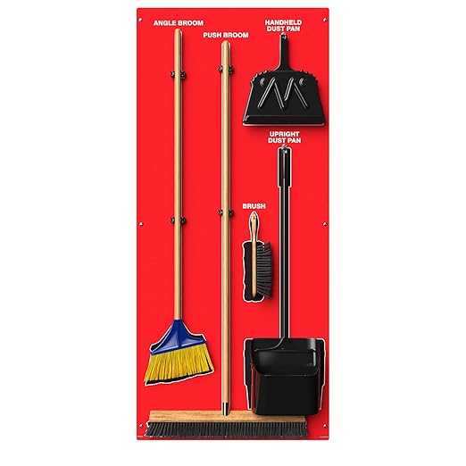 Clean & Sweep 5S Shadow Board/Wall Mount Broom Holder, 68" x 30" Board, 5S Cleaning Station - with Broom and Dustpan Set Included, Made in The USA by AccuformNMC, Red/Black, PSB116RDBK
