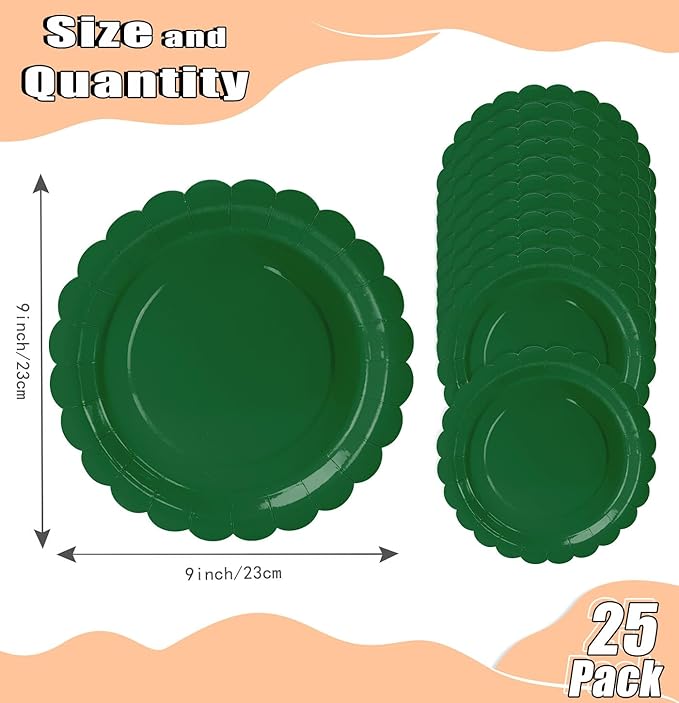 HEIPINIUYE 25 Pieces Green Paper Plates 9 Inch Green Scalloped Plates Disposable Dinner Plates for Wedding Baby Shower Birthday Christmas Party Dessert Plates