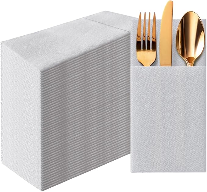 PAW - Linen Feel Napkins with Built-in Flatware Pocket, Airlaid Paper Pre-Folded Napkins for Silverware, Wedding Party, Dinner, Birthday, Gatherings, Monocolor Silver, 50 Count