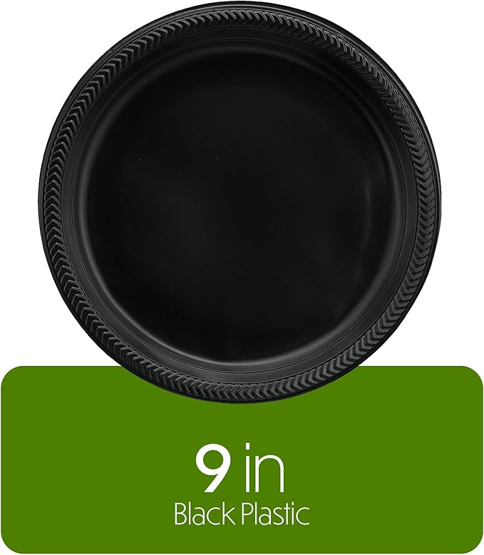 PLASTICPRO 200 PCS Black Plastic Plates Light Weight 9 Inch Plastic Dinner Plates Black Plate Disposable for Party and Wedding