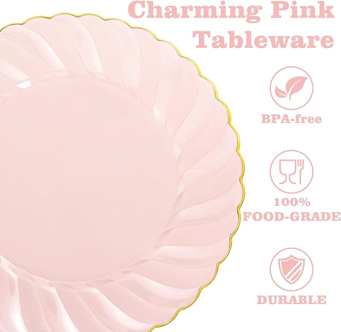 YOUBET 125Pieces Clear Pink Plastic Plates with Gold Rim - Gold Plastic Silverware Include 25 Dinner Plates 25 Dessert Plates 75 Golden Silverwares for Wedding Birthday & Parties Easter Mothers Day