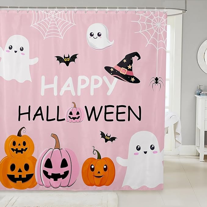Happy Halloween Shower Curtains,Cute Ghost Pumpkin Pink Bathroom Curtains for Kids Teens Adults,Kids Cartoon Style Waterproof Bath Curtains with 12 Hooks for Bathtub,72" W x 72" L