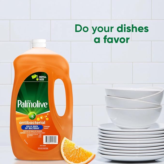 Ultra Palmolive Antibacterial Dishwashing Liquid Dish Soap Orange Scent, Refill 102 Fl. Oz. Kills 99.9% of Bacteria, bundled with Heavy Duty Scotch Brite Sponge