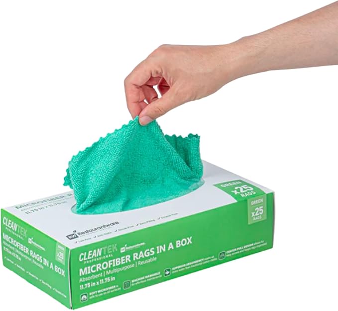 Restaurantware-Clean Tek Professional 11.81 x 11.81 Inch Microfiber Rags in a Box, 250 Absorbent Cleaning Cloths - No-Scratch, Green Microfiber Reusable Edgeless Cleaning Towels, Leaves No Streak