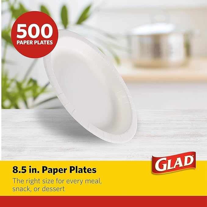 Glad Round Disposable White Paper Plates, Strong Soak-Proof Microwave-Safe Paper Dinner and Dessert Plates for Everyday Meals, Parties, Snacks and Serving, 8.5 Inch, 500 Count
