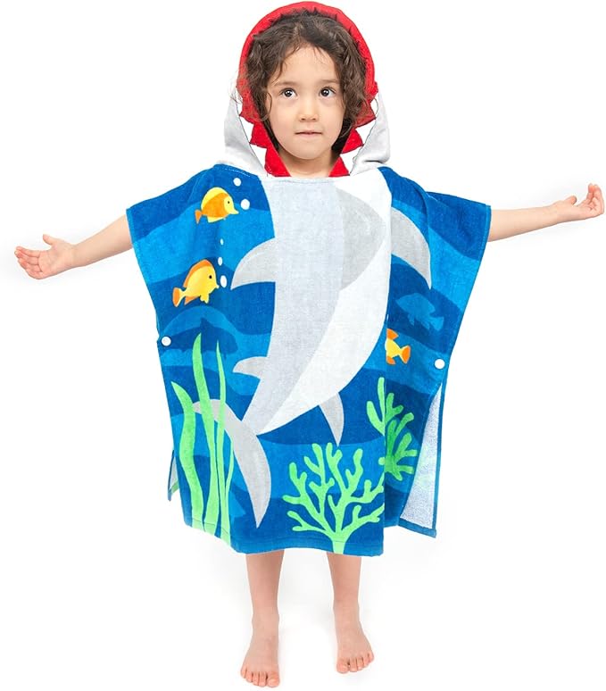 Florica Toddler Hooded Beach Towel Coverup Cape Kids Cotton Soft Quick Dry Absorbent Use for Swim Pool Bath Poncho Towels 2 to 6 Years Old Children 24"x 47" in Full-Length (Brave Shark)