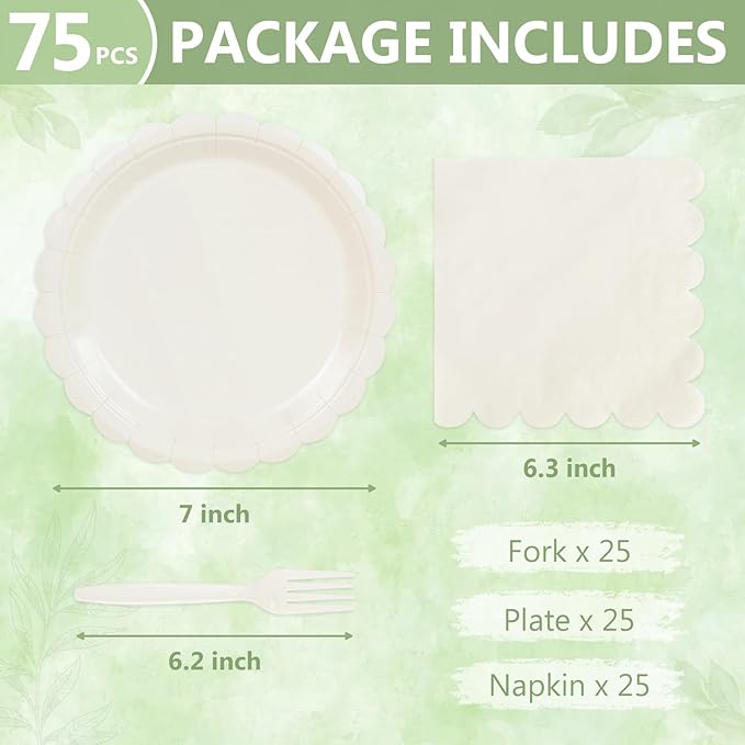Mulbozy 75 Cream Plates and Napkins Disposable Set Includes 25 Dessert Cake Scalloped Plates, Cocktail Napkins & Forks, for Fork 25 Guests Holiday Party Supplies.