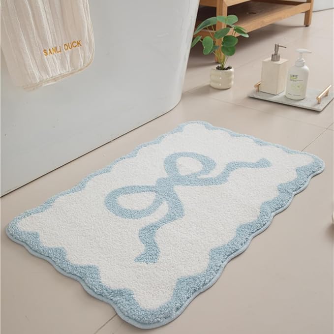 Blue Scalloped Bathroom Mat 26x18, Soft Absorbent Bath Mats, Machine Washable Microfiber Floor Mats for Bathroom Tubs, Sinks and Showers