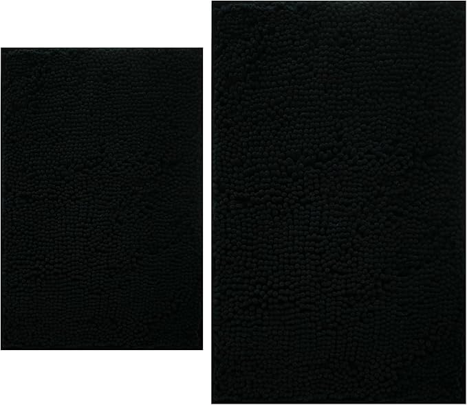 Bathroom Rugs Sets 2 Piece, Extra Soft Chenille Bath Mat Ultra Absorbent Bathroom Rug, Bathroom Mat with Sturdy PVC Non-Slip Bottom, Machine Washable Bath Rugs (20x32 Inch + 16x24 Inch, Black)