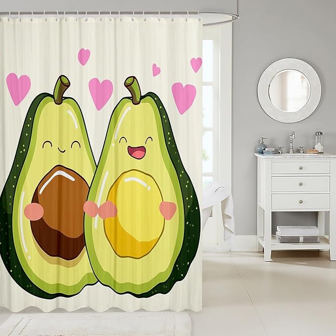 Manfei Kids Kawaii Fruit Shower Curtains Cute Avocado Couple Bathroom Curtains for Boy Girls Room Decor, Pink Hearts Print Waterproof Bath Curtains with 12 Hooks Suits for Bathtub, 72" W x 72" L