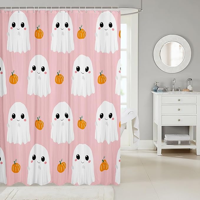 Castle Fairy Cartoon Ghost Shower Curtains,Watercolor Pumpkin Halloween Bath Curtain,Hand Draw Pink White Print Bathroom Decor Set with 12 Hooks for Bathtub,72" Long