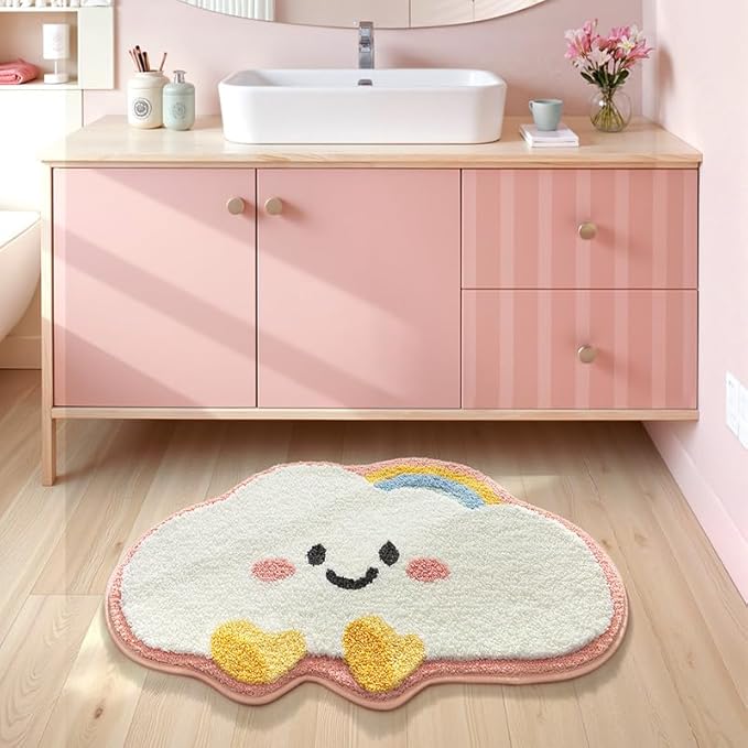 HYST Cloud Bathroom Rug - Tufted Super Absorbent & Non-Slip Bathmat, Machine Washable Plush Mat for Kids Room, Nursery, Bathroom Decor(Pink, 15.74x23.62 inch)