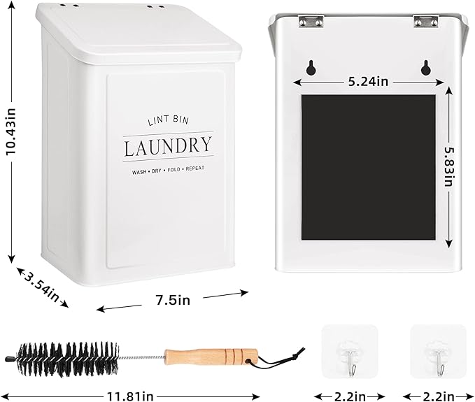 Magnetic Lint Bin for Laundry Room, Metal Lint Container with Lid and Brush, Wall Mounted Lint Box for Dryer, Farmhouse Laundry Room Decor, White