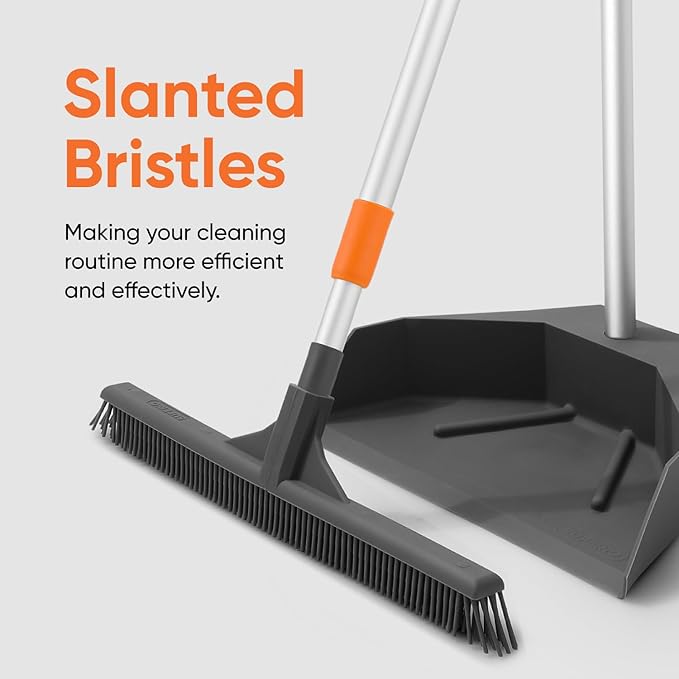 Superio Silicone Broom - Carpet Rake with 35" Long Handle Dustpan Set - Rubber Broom for Pet Hair on Carpet & Hardwood Floors, Stand-Up Dustpan with Aluminum Handle - Gray