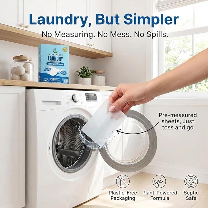 Lucent Globe Laundry Detergent Sheets. Pre-Measured Laundry Sheets. Powerful Stain Removal. Works in All Clothes Washers. (1 Pack - 64 Washes, Ocean Breeze)