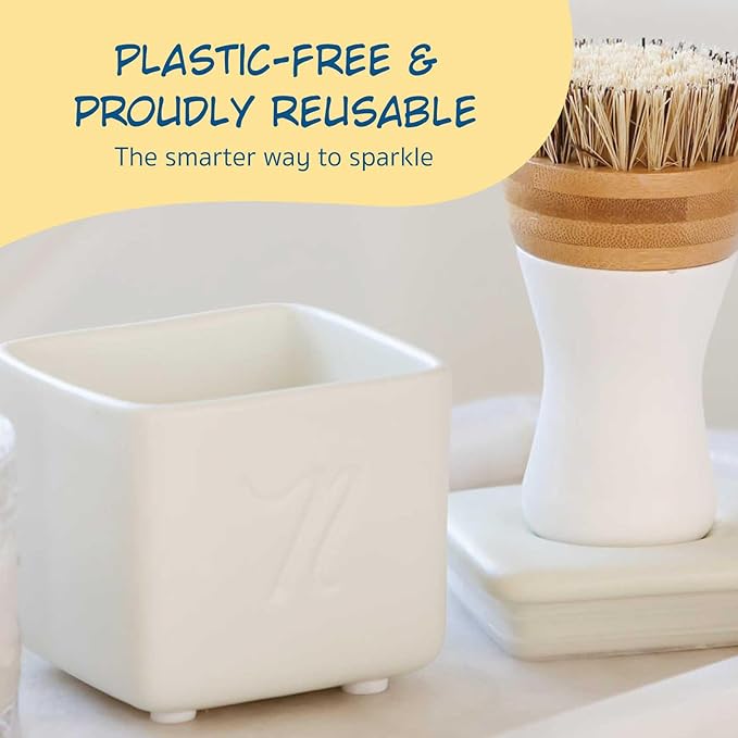 Nellie's Dish Butter - Zero-Waste Alternative to Liquid Dish Soap with Reusable Ceramic Container (White) - Light Lemongrass Scent - Plastic-Free Dishwashing - (Made in Canada)