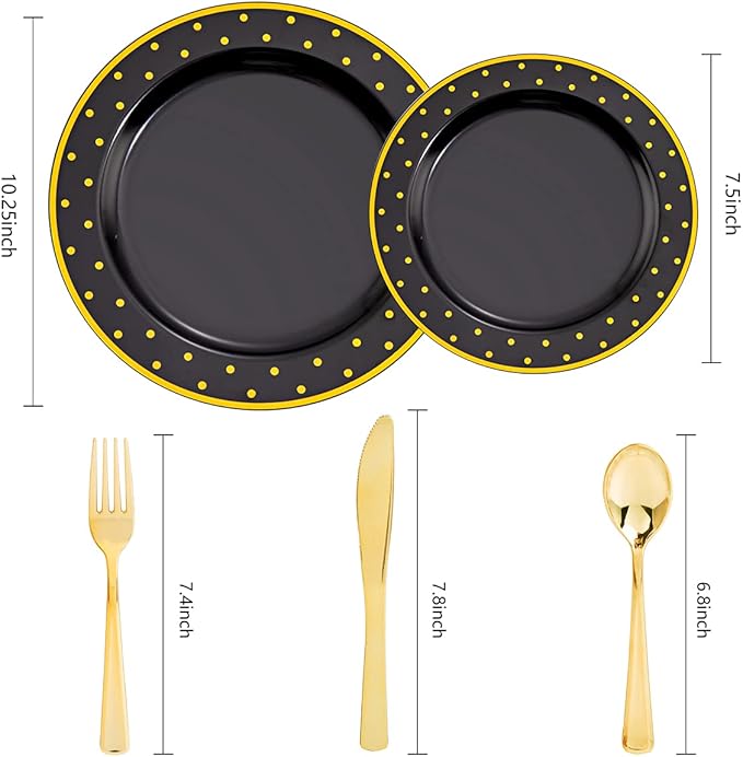 DaYammi 200Pcs Gold and Black Plastic Plates with Silverware,Black Disposable Plates for Party Black Gold Supplies Includes 40 Dinner Plate,40 Dessert Plate,40 Forks,40 Knives,40 Spoons for Party