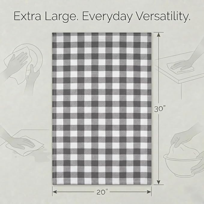 Urban Villa Kitchen Towels Set of 6 Buffalo Checks Grey/White Kitchen Towels 20X30 Inches 100% Cotton Highly Absorbent Kitchen Towels Premium Quality Ultra Soft Mitered Corners KitchenTowels