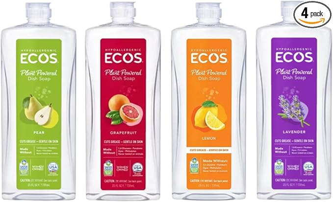 ECOS Plant Based Dish Soap Variety Pack - Natural Dishwashing Liquid Cuts Grease - Hypoallergenic for Sensitive Skin - Free & Clear, Lavender, Grapefruit, Pear - 25 Oz (4 Pack)
