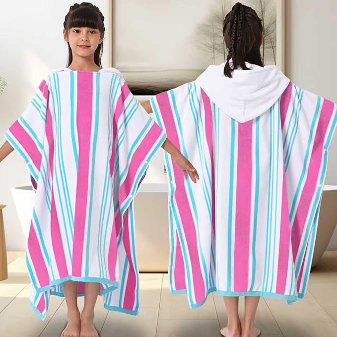 VOOVA & MOVAS Hooded Bath Towels for Big Kids (8-16Years), 100% Cotton Absorbent Thick Poncho Towel for Teens, Perfect for Pool, Beach, Bath, Pink Blue White Stripe