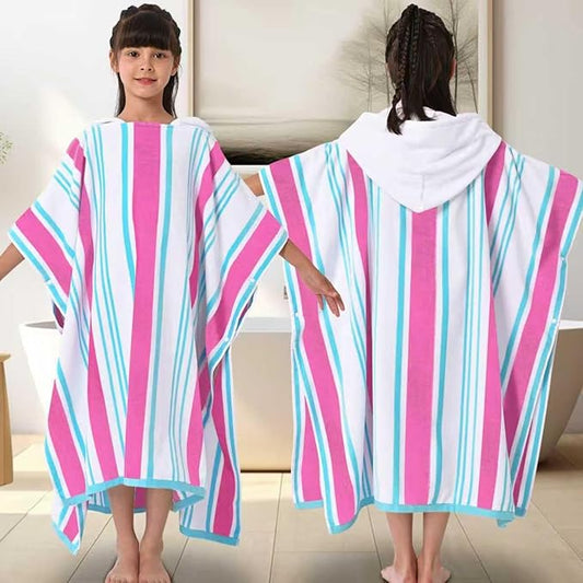 VOOVA & MOVAS Hooded Bath Towels for Big Kids (8-16Years), 100% Cotton Absorbent Thick Poncho Towel for Teens, Perfect for Pool, Beach, Bath, Pink Blue White Stripe