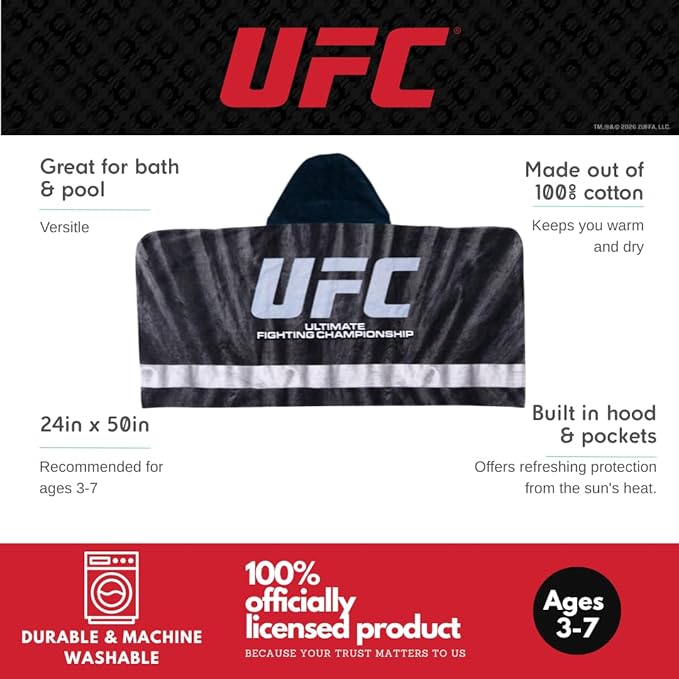 UFC Fight Night Super Soft Bath/Pool/Beach Soft Cotton Terry Hooded Towel Wrap, 24 in x 50 in, (100% Officially Licensed Product) by Franco