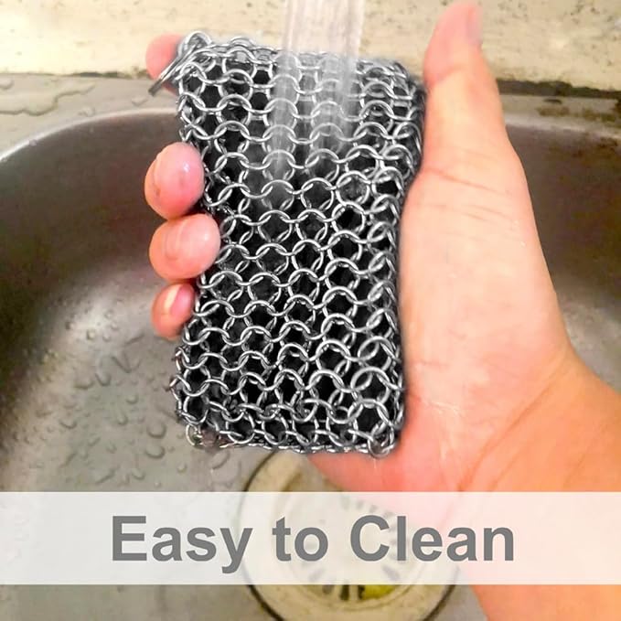 Cast Iron Skillet Cleaner, 316 Chainmail Scrubber Built-in Silicone Cast Iron Cleaner for Cast Irons Grill Pan Skillet Wok Bakeware Easy to Use Dishwasher Safe, Scrubber + Scraper + Towel (Black)