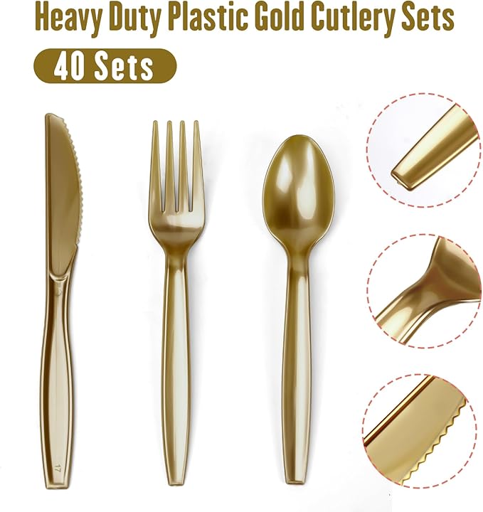 Lzerking Party Supplies Set - 280 Pieces of White and Gold Dot Paper Plates, Cups, Napkins, and Heavy Duty Silverware for 40 Guests for Birthdays, Graduation, Wedding, Festivals