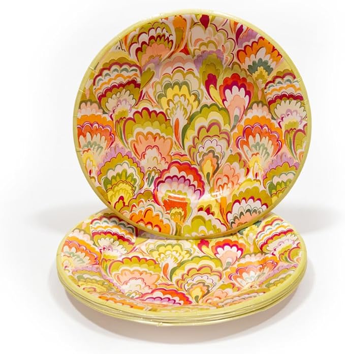 Caspari Marbled Ceramica Rspbrry/Chartreuse Salad & Dessert Plates -8 Paper Plates per Pack, 2 PACKS