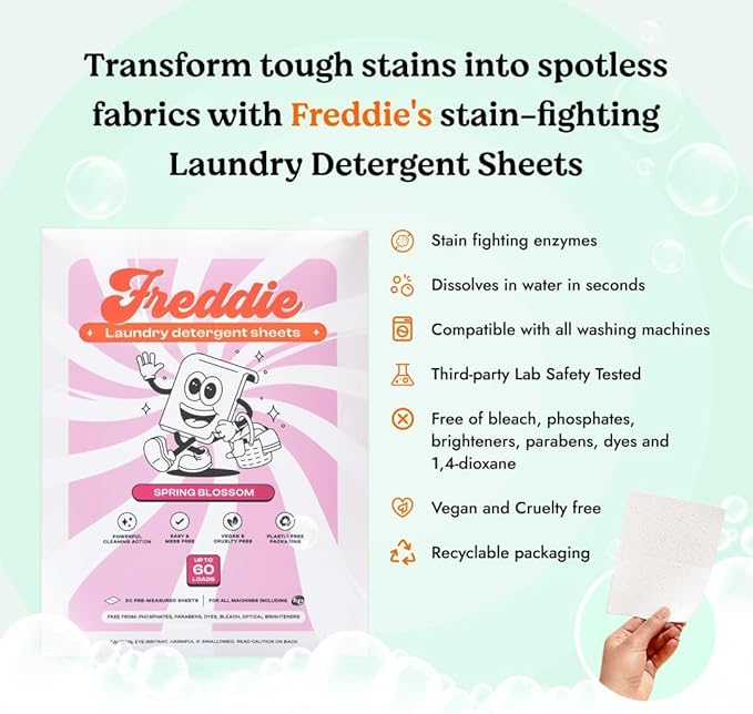 Freddie Laundry Detergent Sheets - Recyclable Packaging - No Mess Strips (Value Box (180 Loads), Spring Blossom)