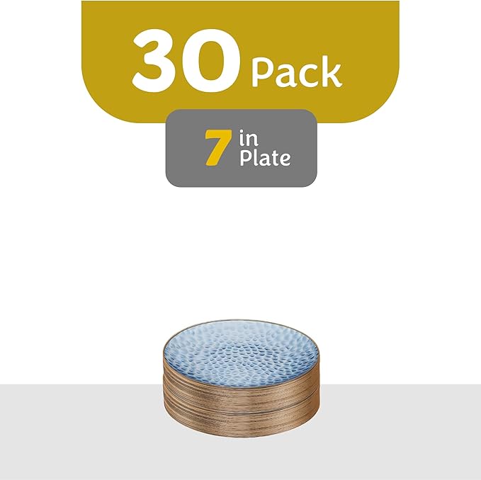 PLASTICPRO 30 Pack Hammered Plastic Plates Heavyweight Disposable Plastic Plates Elegant Clear Hammered Rim Platsic Party Dishes (Blue With Gold Rim, 7'' INCH PLATES)
