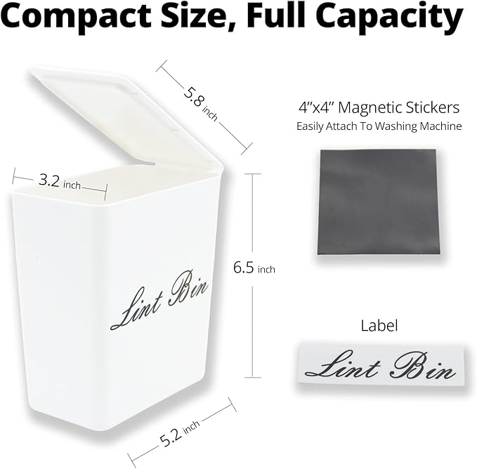 Artilife Magnetic Plastic Lint Bin with Lid for Laundry Room, 6 X 5 Inch Compact Wall Mount Lint Holder for Dryer, Small White ABS Trash Can for Dryer Lint and Sheets