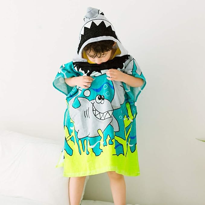 TONWHAR Soft Cotton Hooded Beach Towel Poncho for Kids Bath Pool Beach Swim Boys Girls Cartoon Cover-up Cape (Shark)
