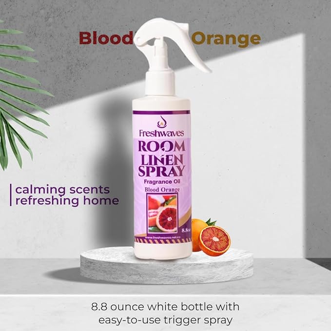 Freshwaves Room & Linen Spray | Blood Orange Fragrance Oil | 8.8oz Air Freshener | Odor Eliminator for Living Room, Bedroom, Bathroom & Office | White Bottle