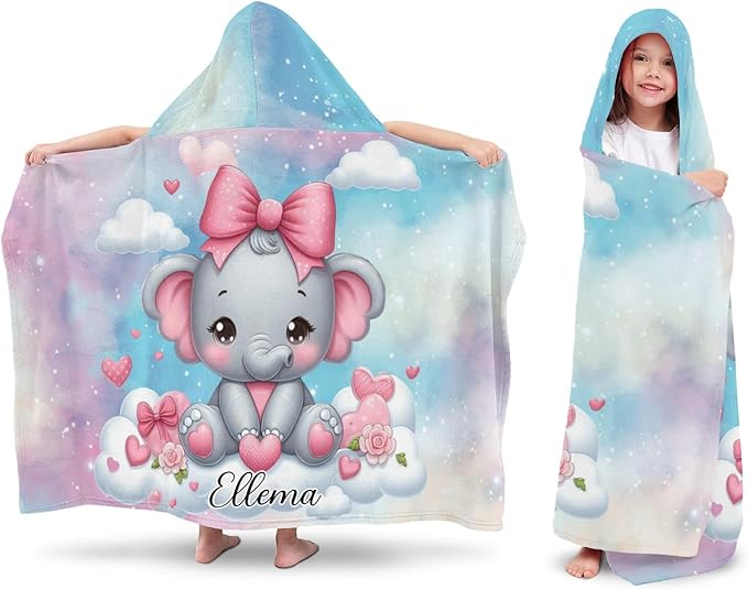 Galaxy Pink Elephant Personalized Kids Hooded Towel with Name Soft Absorbent Beach Pool Bath Towels Hood Poncho for Boys Girls
