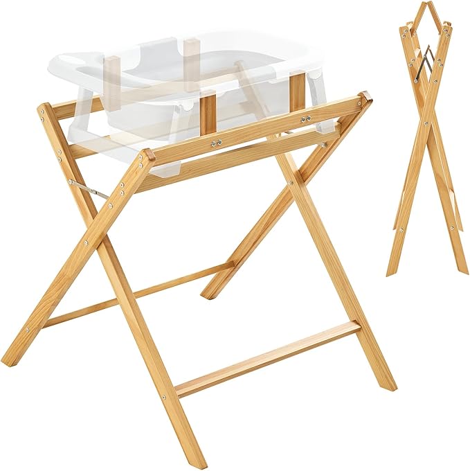 FUNLIO Wooden Baby Bathtub Stand, Foldable Baby Bath Stand for 0-24 Months, Safe & Sturdy with 8-Point Support, Durable infant Tub with Waterproof Coating, 110lbs Capacity
