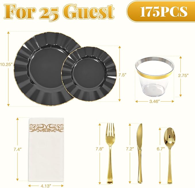 175 Plastic Dinnerware Set Party Supplies Disposable Dinnerware for 25 Guests Include 50 Plastic Plates,25 Silverware Set 25 Cups 25 Napkins Plastic Plates for Graduation Party Wedding（Black and Gold）