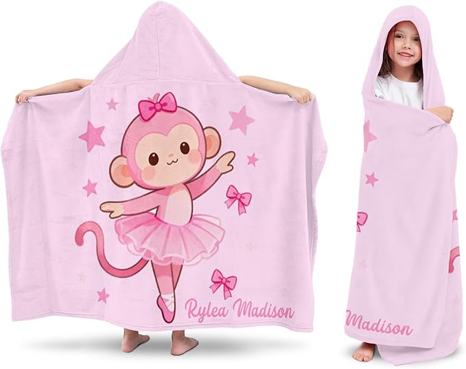 Ballet Dancer Pink Monkey Personalized Hooded Towel Absorbent Wrap Soft Pool Beach Bath Towels Hood Poncho for 5-12 Years Kids Boys Girls
