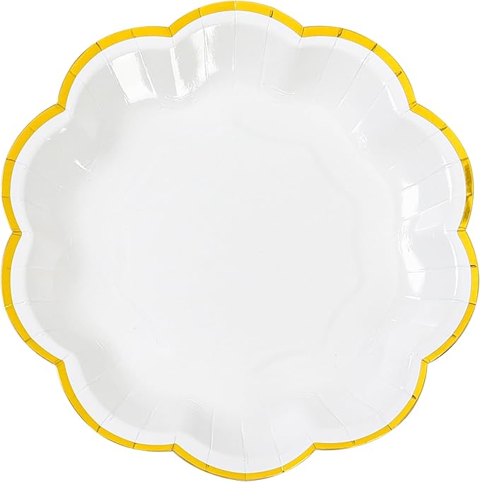 AimFun White Golden Party Plates Gold Foil Dessert Paper Plate 7inch Scalloped Edge Disposable Cake Plates for Tea Party Birthday Bridal Baby Shower Wedding Party Supplies (48, White)